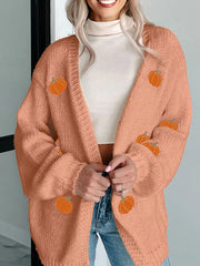Pumpkin Tree Print Open Front Drop Shoulder Midi Cardigan 