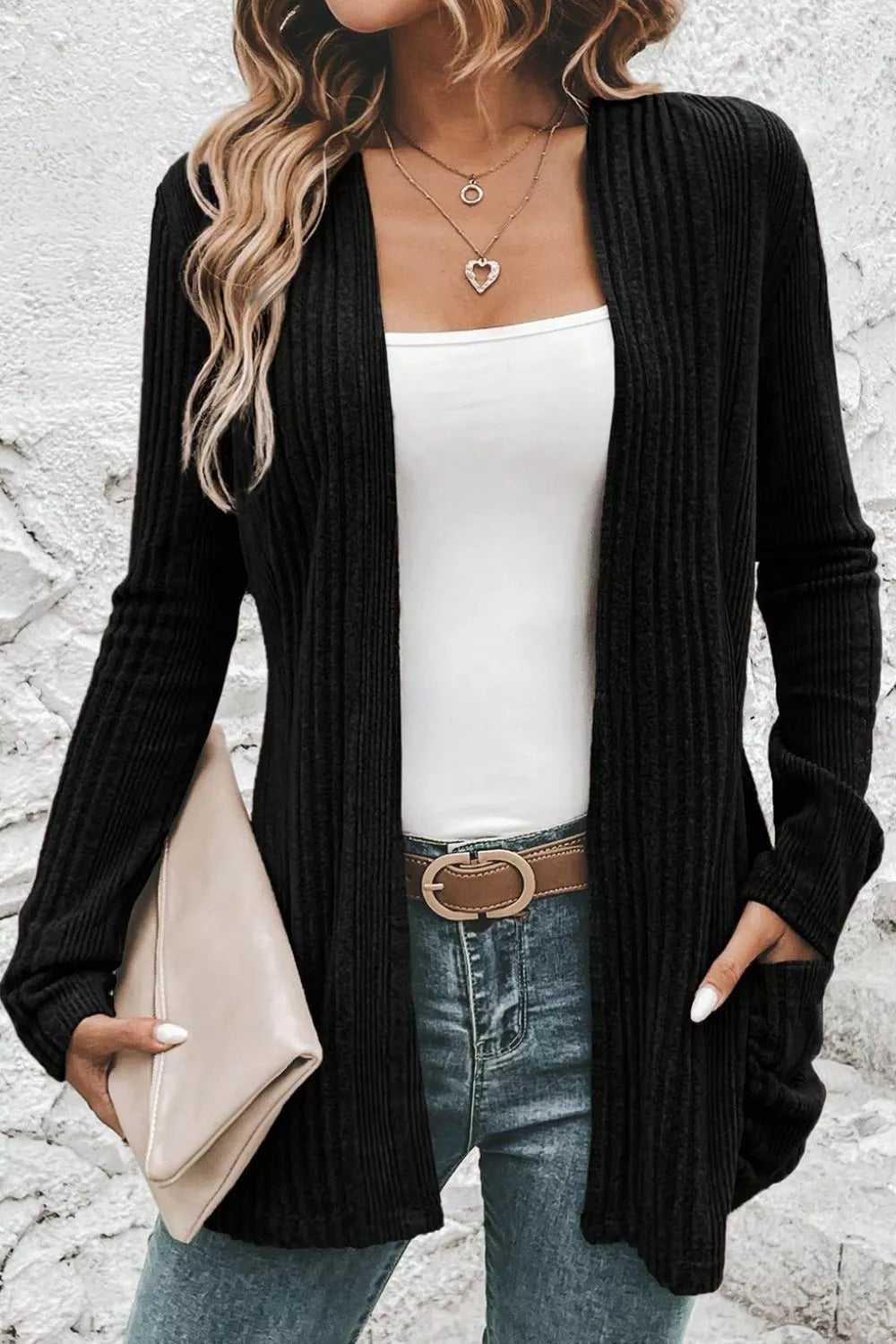 Ribbed Knit Open Front Cardigan with Pockets 