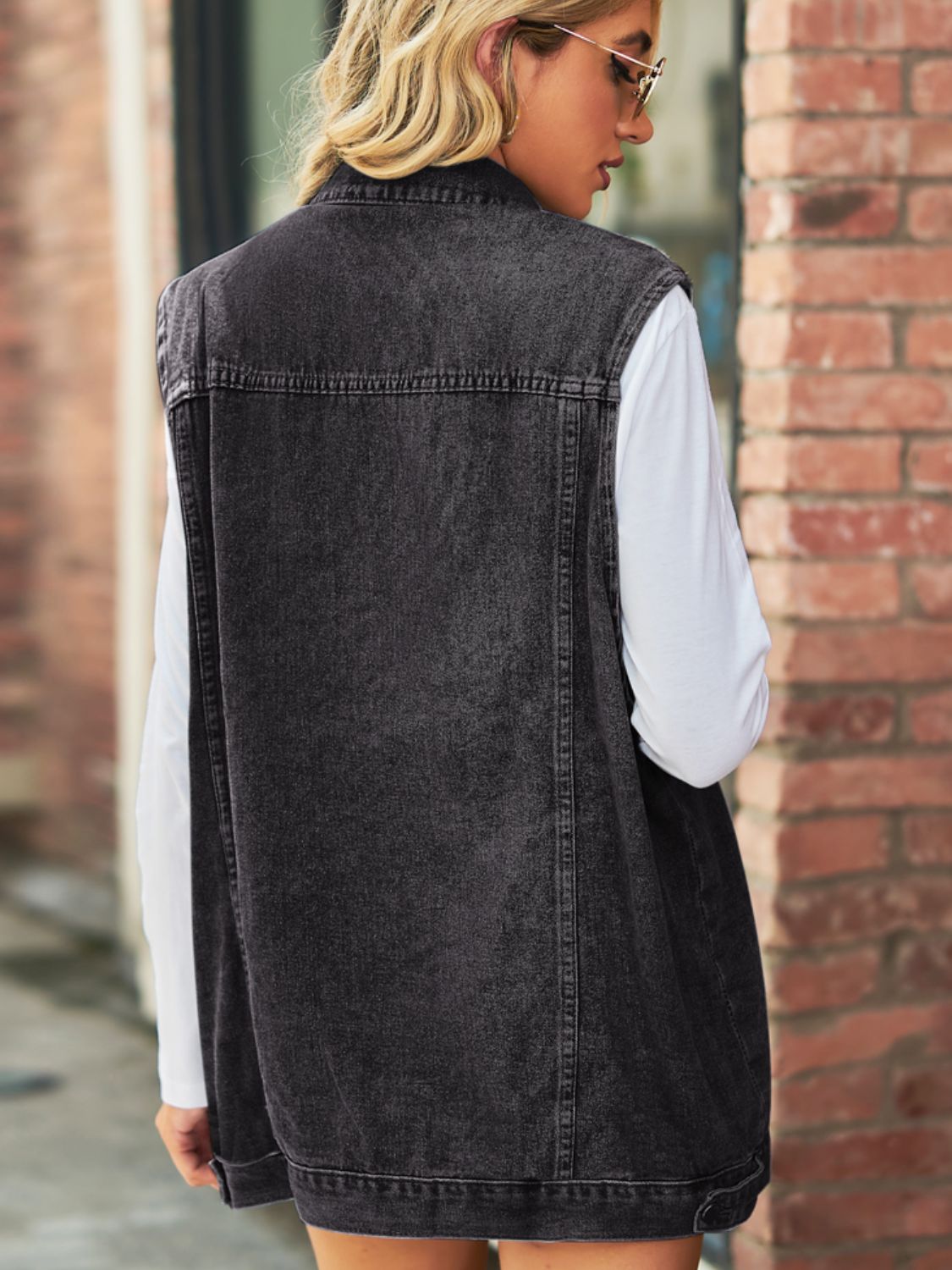 Collared Neck Sleeveless Denim Top with Pockets 