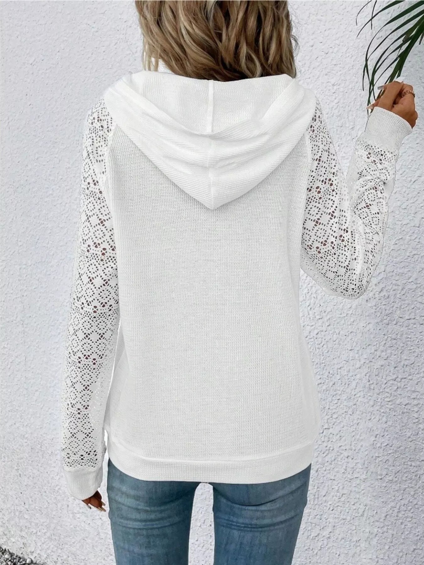 Lace Sleeve Kangaroo Pocket Hoodie 