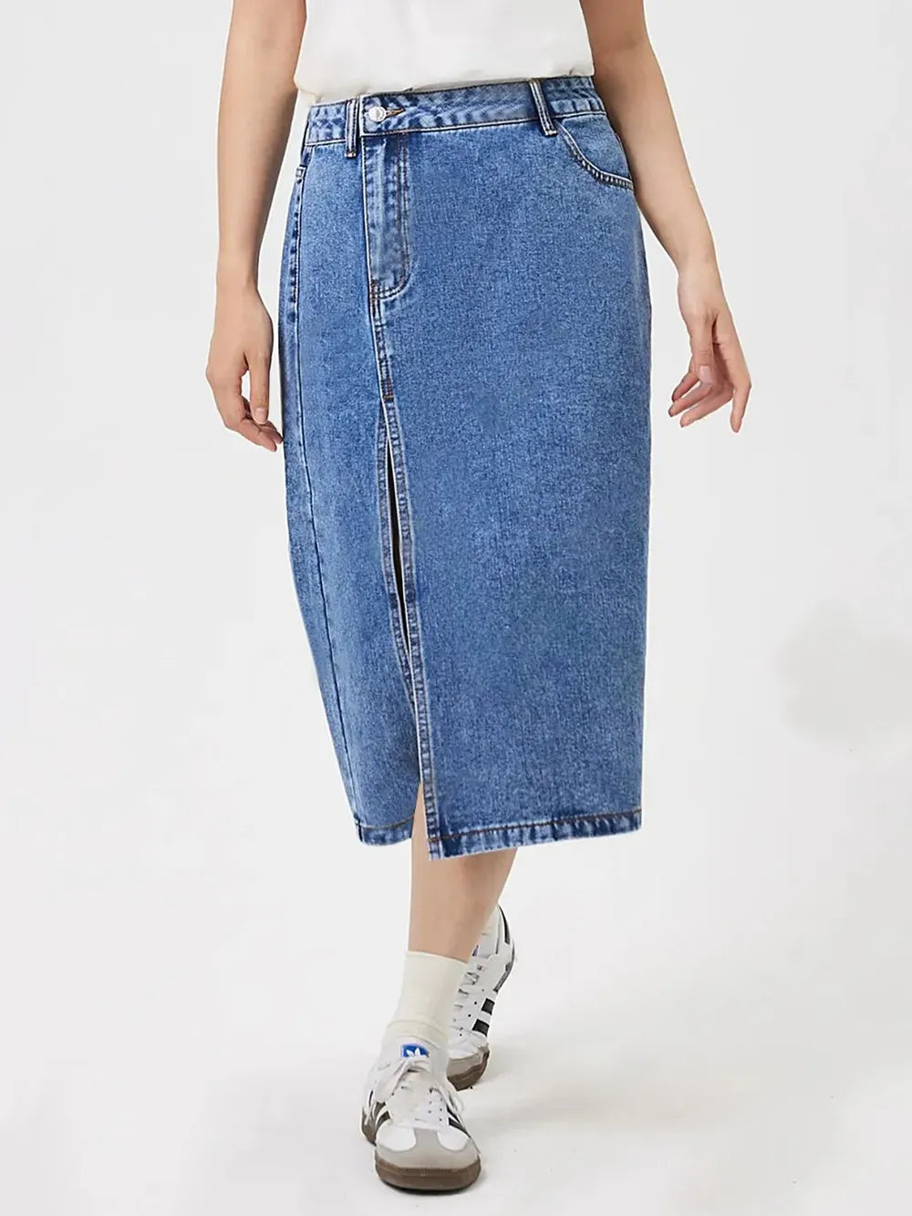 Slit Midi Denim Skirt with Pockets 