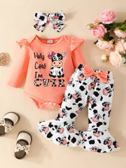Children's Cow Graphic Ruffle Trim Bodysuit and Pants Set 