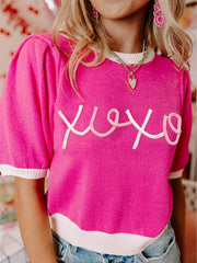 XOXO Valentines Contrast Trim Crew Neck Short Sleeve Sweater 