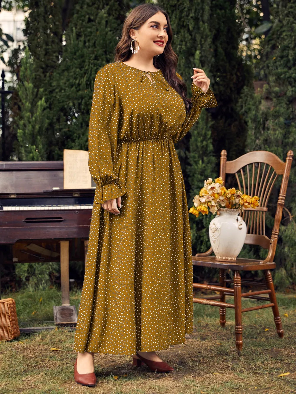 Honey Plus Size Ruffled Polka Dot Long Sleeve Midi Dress 