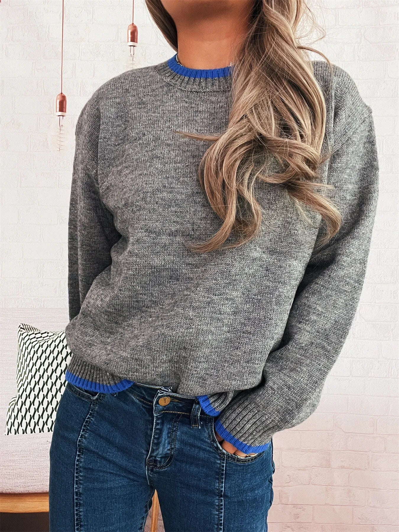 Ribbed Contrast Trim Long Sleeve Sweater 