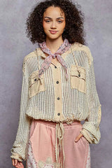 POL Texture Woven Button Down Hooded Shirt with Drawstring Hem 