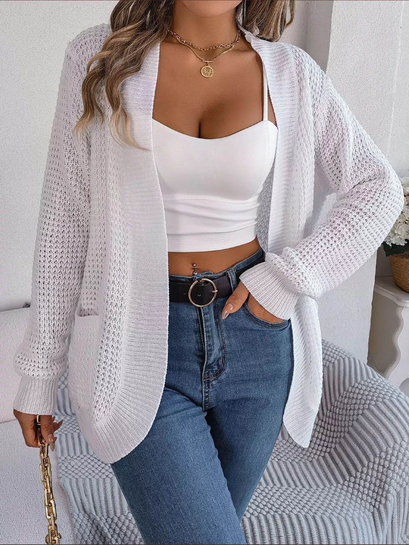 Chunky Knit Open Front Cardigan with Pockets 