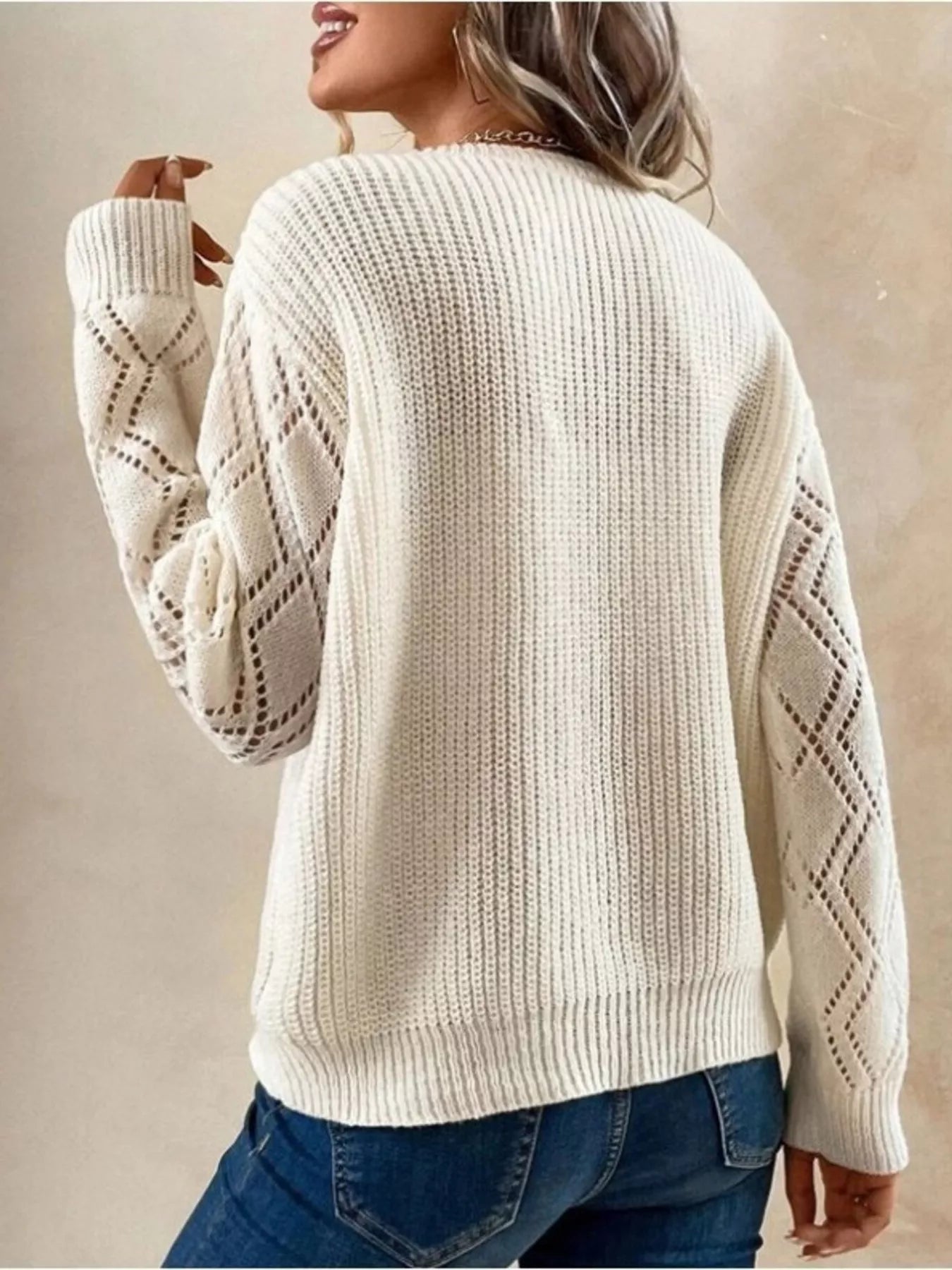 Openwork V-Neck Long Sleeve Sweater 
