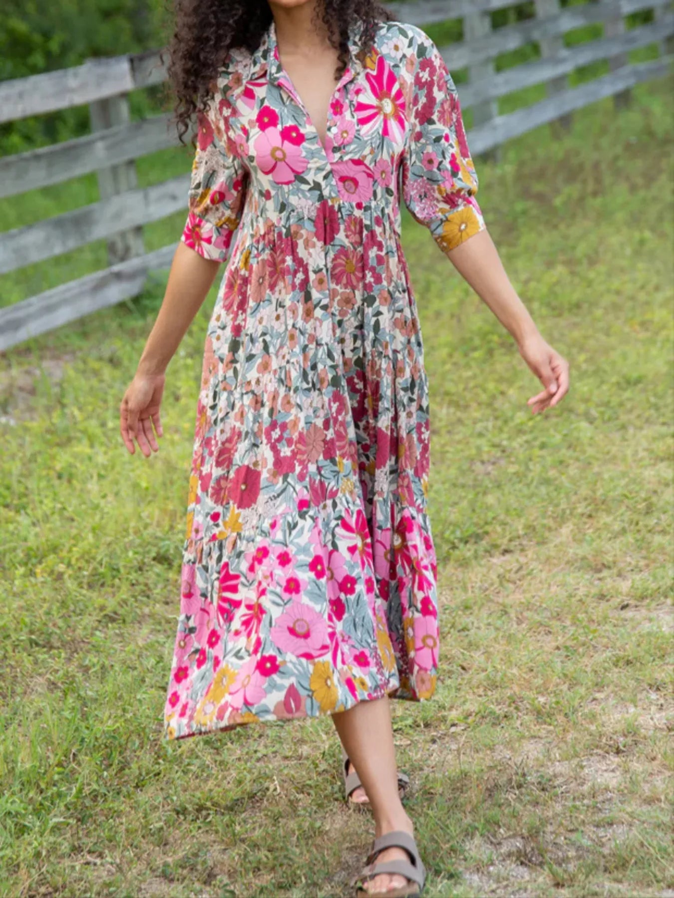 Full Size Printed Half Sleeve Midi Dress Plus Size 