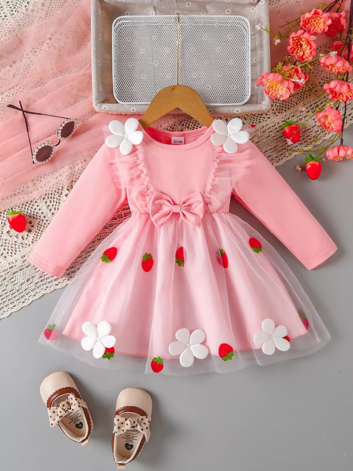Children's Bow Decor Ruffle Trim Dress 