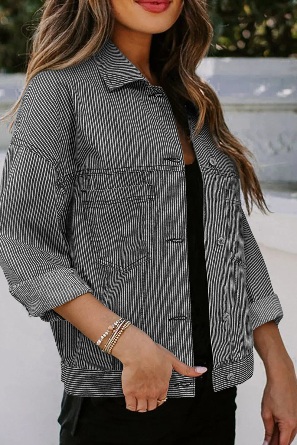 Striped Button Up Long Sleeve Denim Jacket 