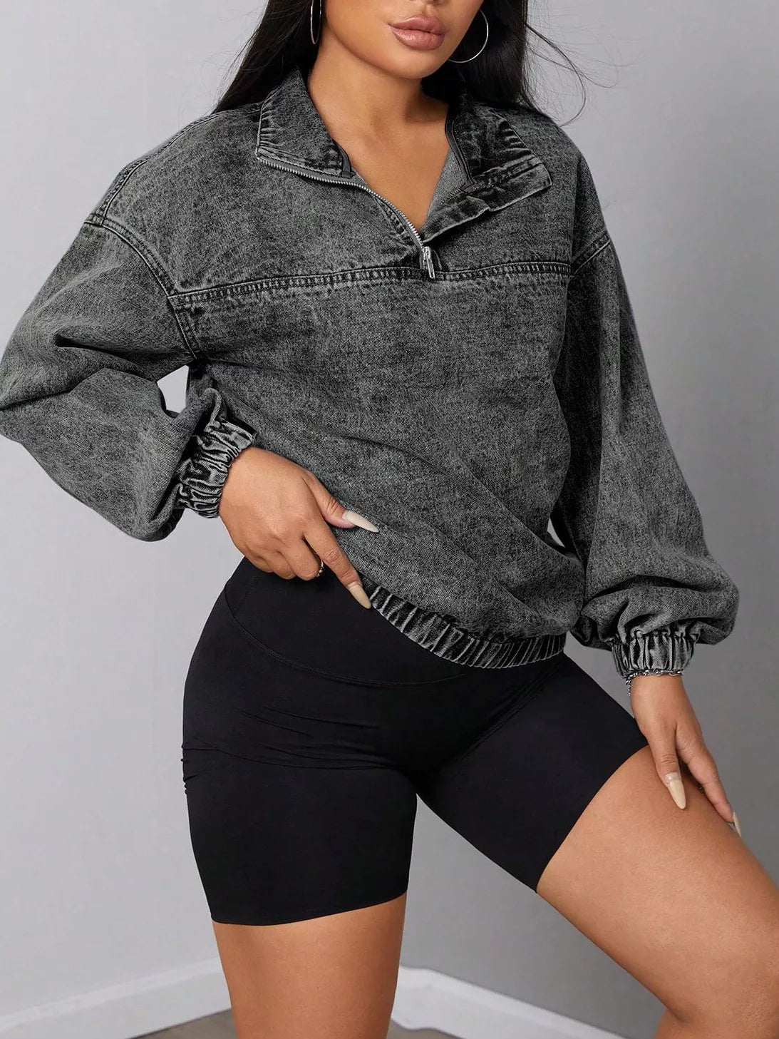 Elastic Hem Quarter Zip Denim Top 