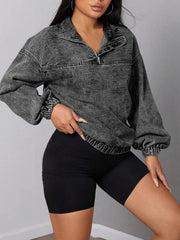 Elastic Hem Quarter Zip Denim Top 