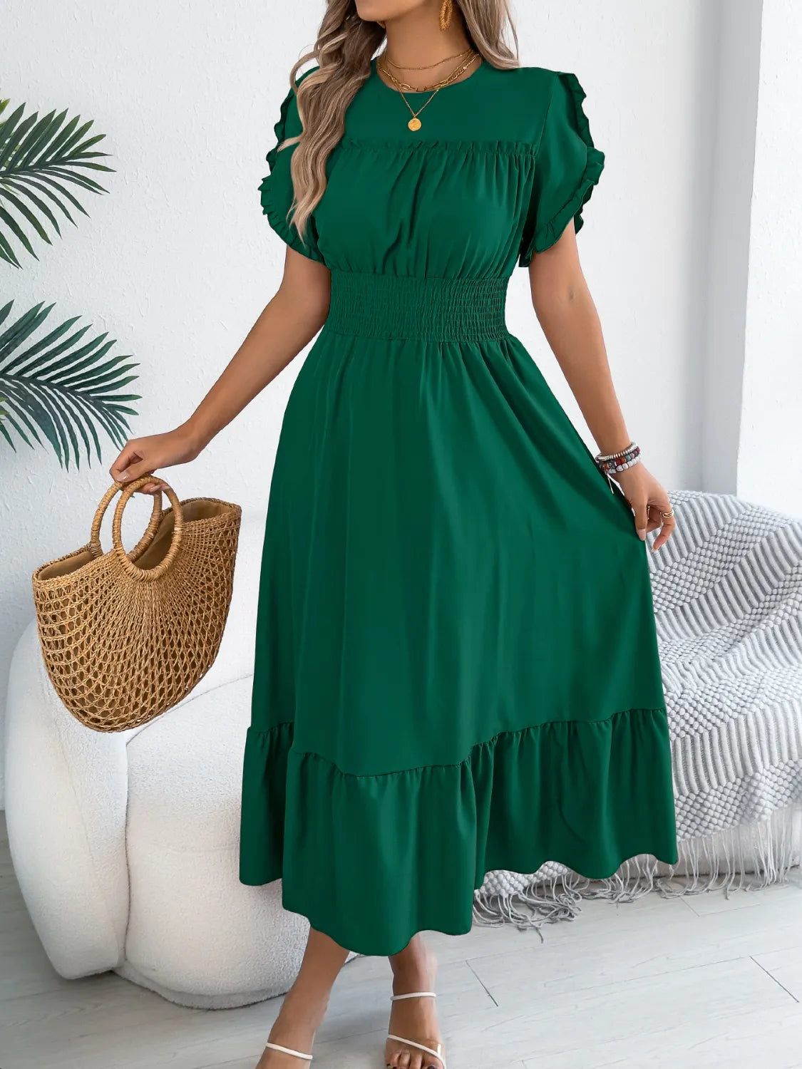 Smocked Frill Round Neck Midi Dress 