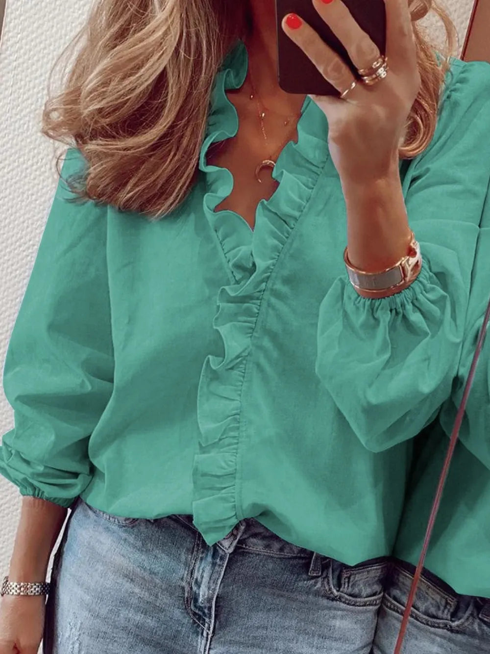 Ruffled V-Neck Long Sleeve Blouse 