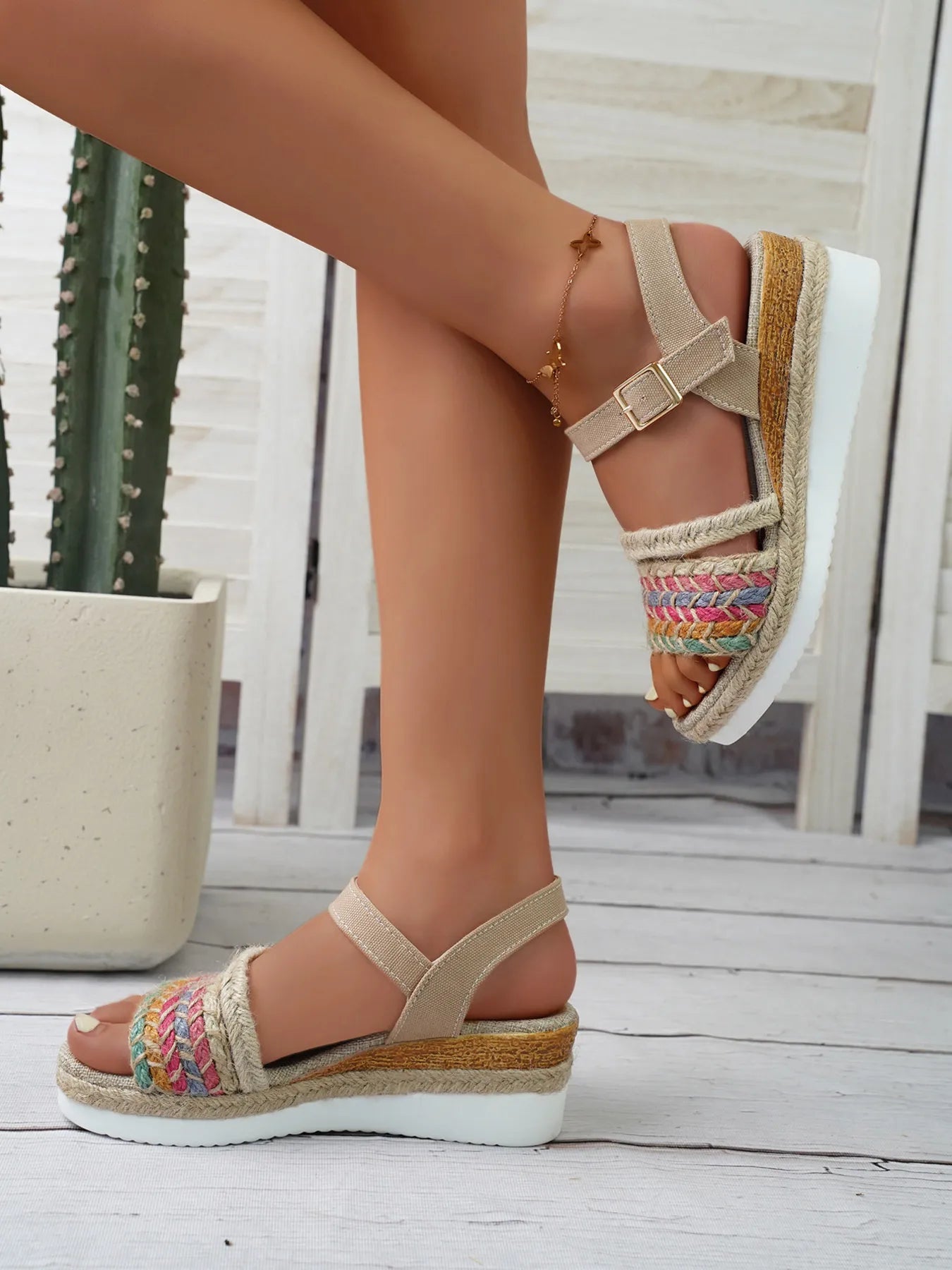 Braided Rainbow Platform Wedge Sandals 