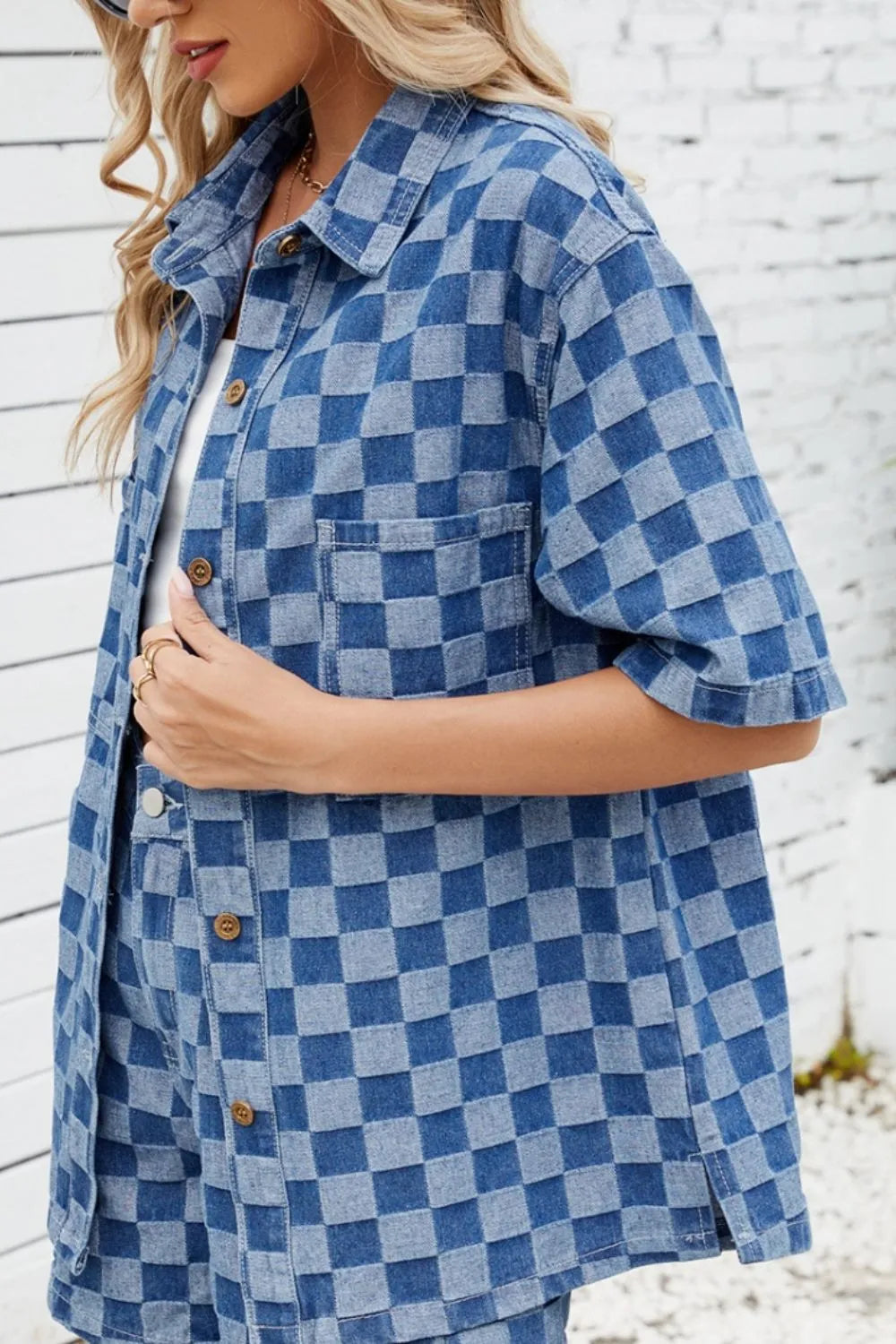 Button Down Checkered Denim Shirt 
