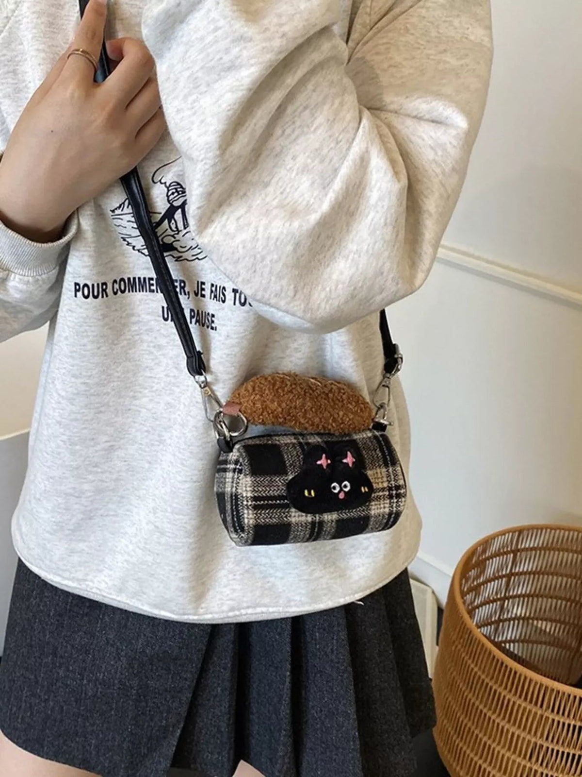 Plaid Pattern Plush Trim Crossbody Bag 