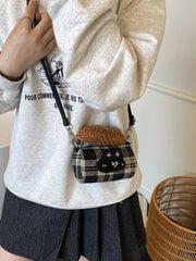 Plaid Pattern Plush Trim Crossbody Bag 