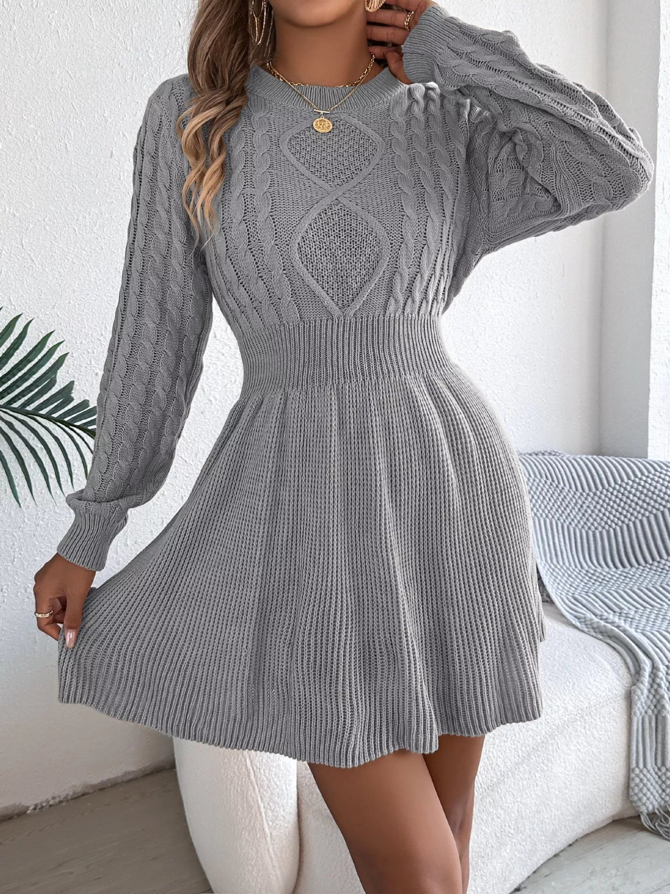 Cable Knit Long Sleeve Sweater Dress 