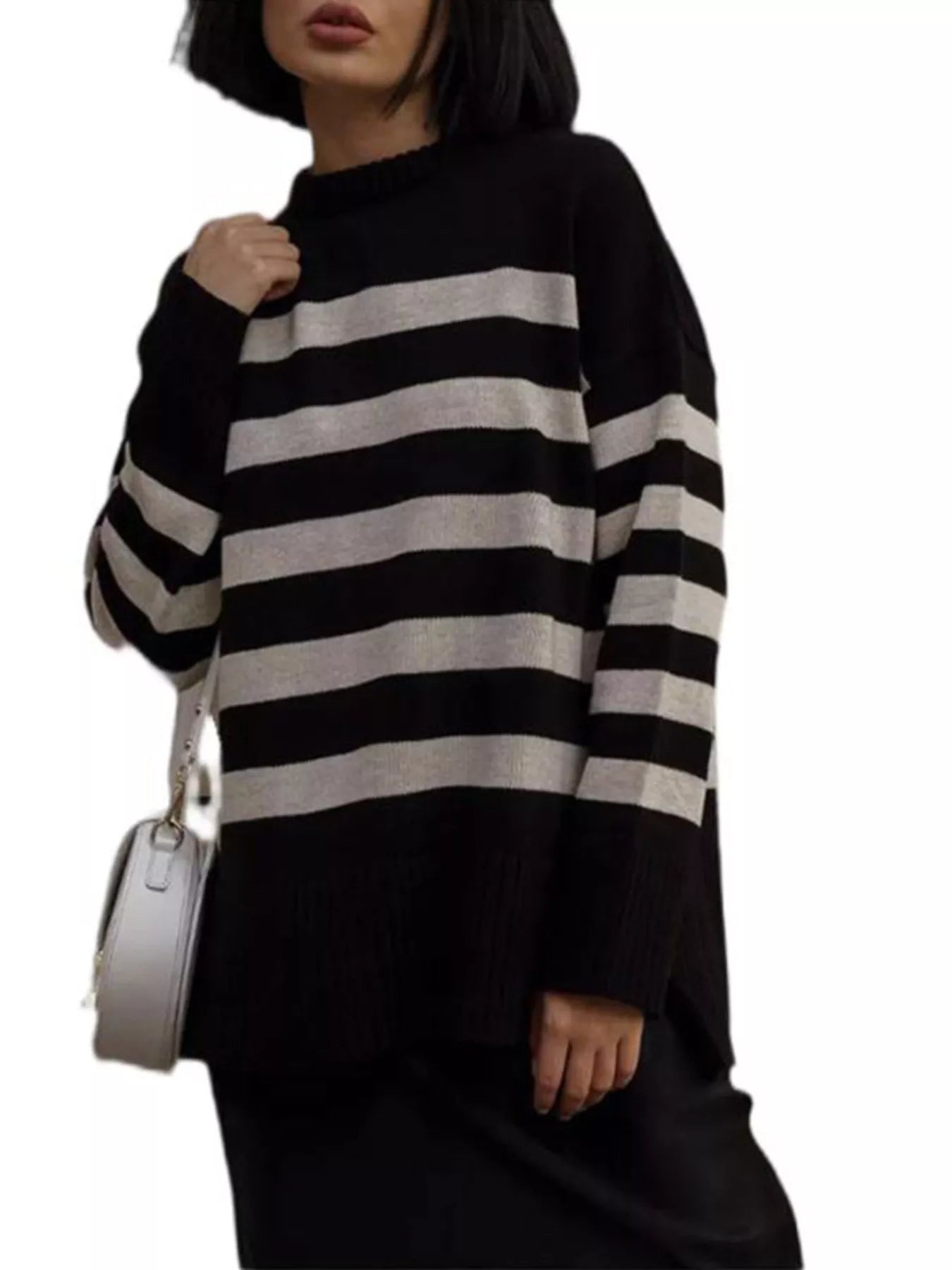 Side Slit Striped Oversized Knit Sweater 