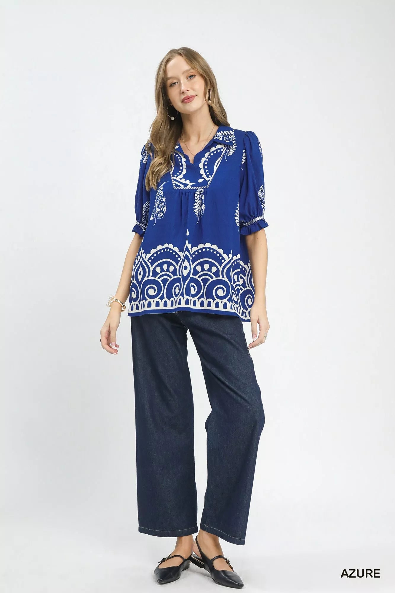 Umgee Printed Puff Sleeve Split Neck Top 