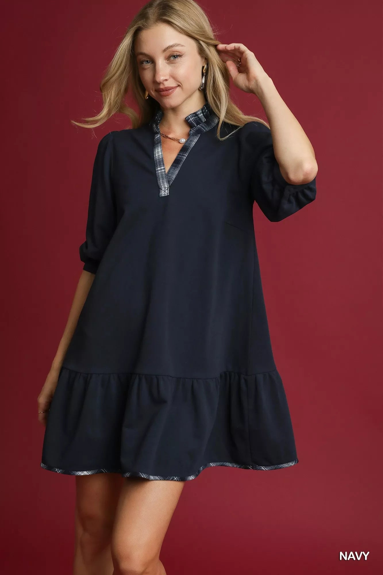 Umgee French Terry Ruffle Hem Dress with Plaid Trim 