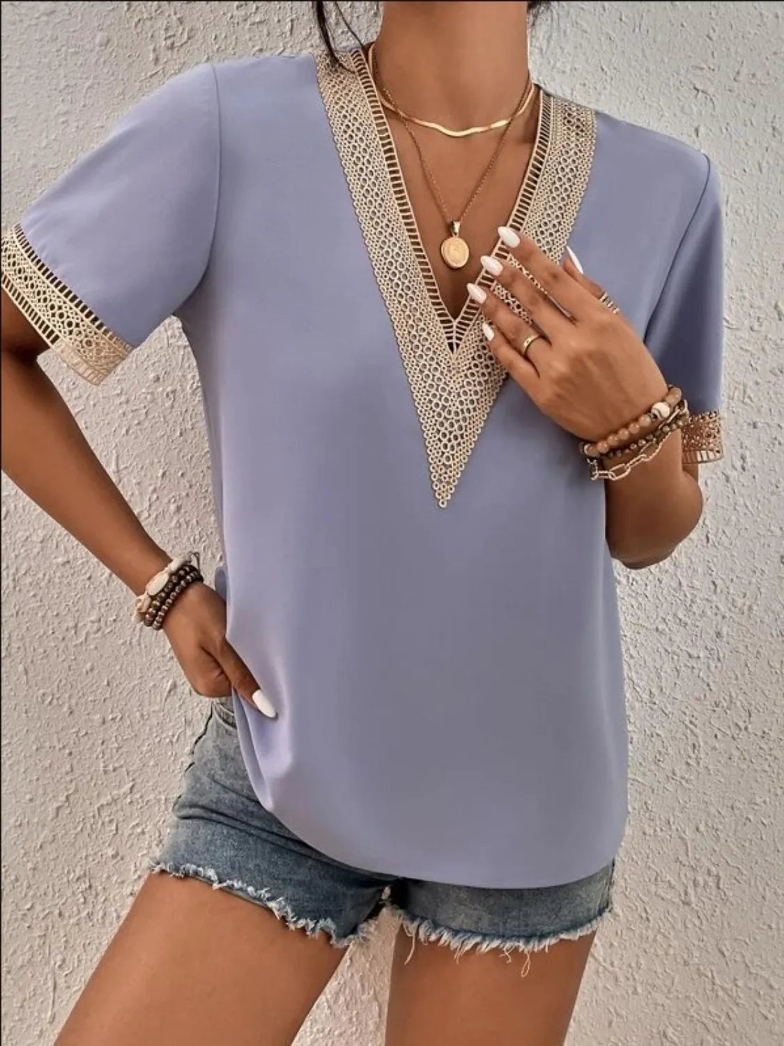 Full Size Contrast V-Neck Short Sleeve Blouse Plus Size 
