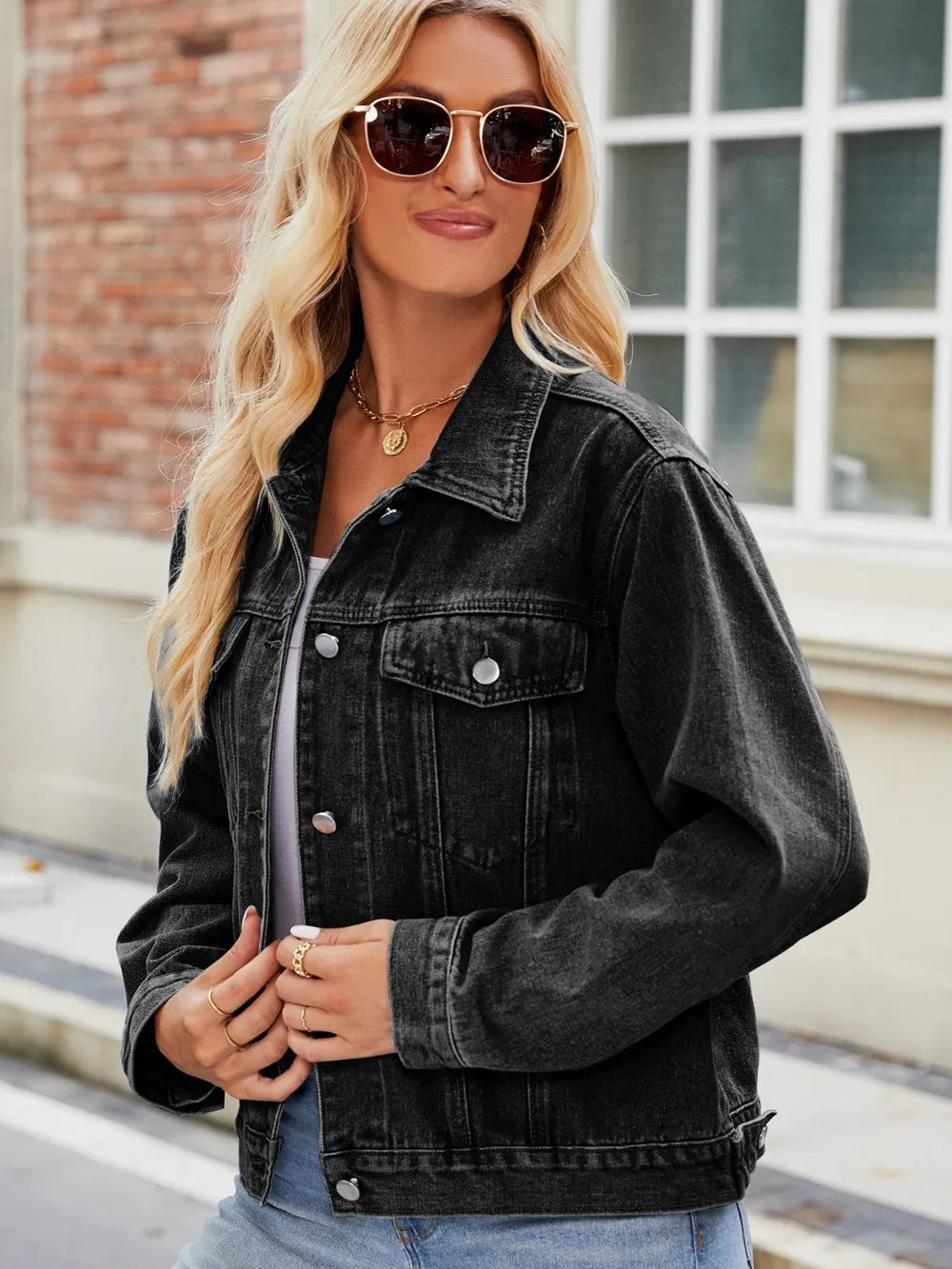 Pocketed Collared Neck Denim Jacket 