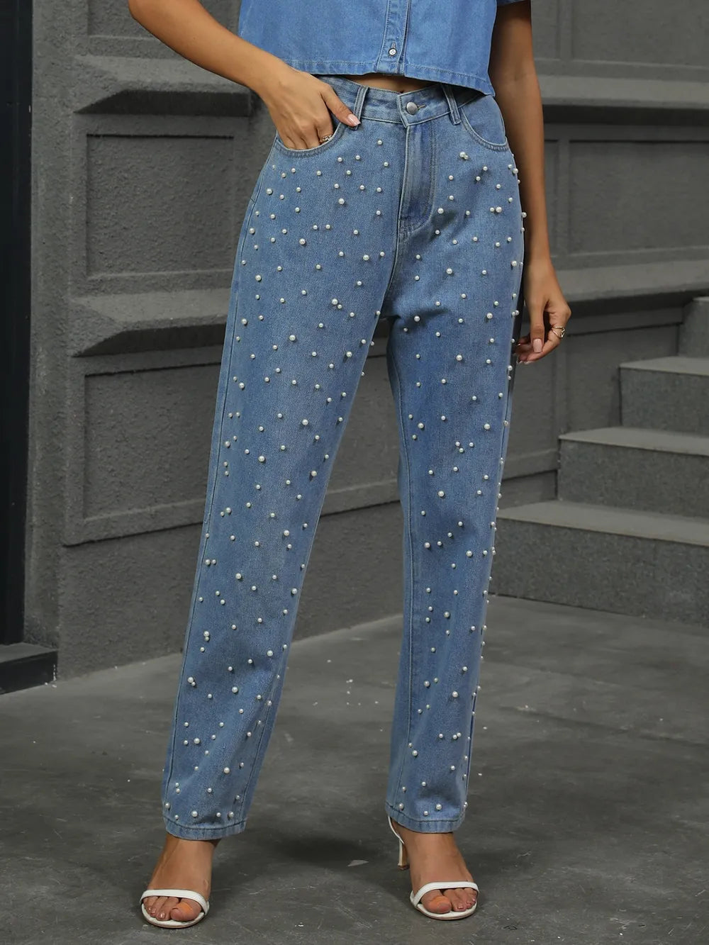 Pearl Detail Straight Jeans with Pockets 