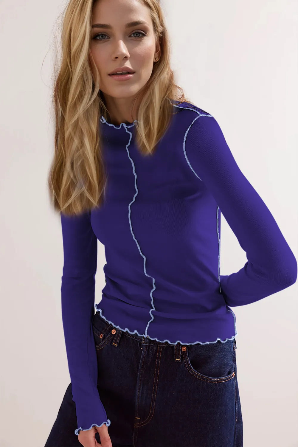 Basic Bae Contrast Trim Mock Neck Long Sleeve T-Shirt 