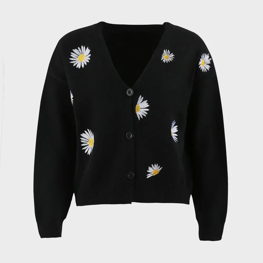 Flower Button Front Dropped Shoulder Cardigan 