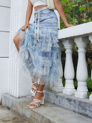 Tiered Ruffle Denim Patchwork Skirt 