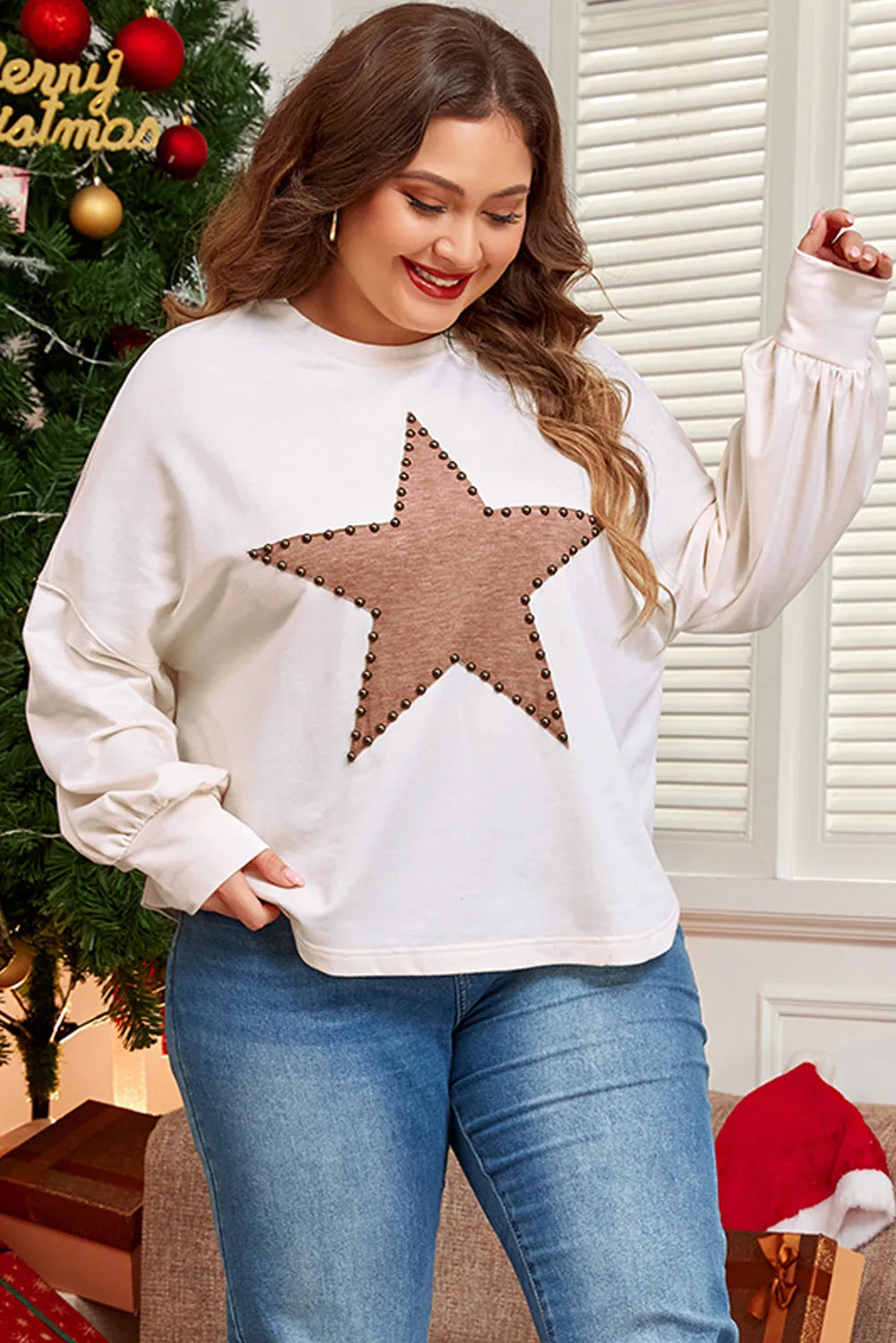 Plus Size Studded Star Round Neck Long Sleeve Blouse 