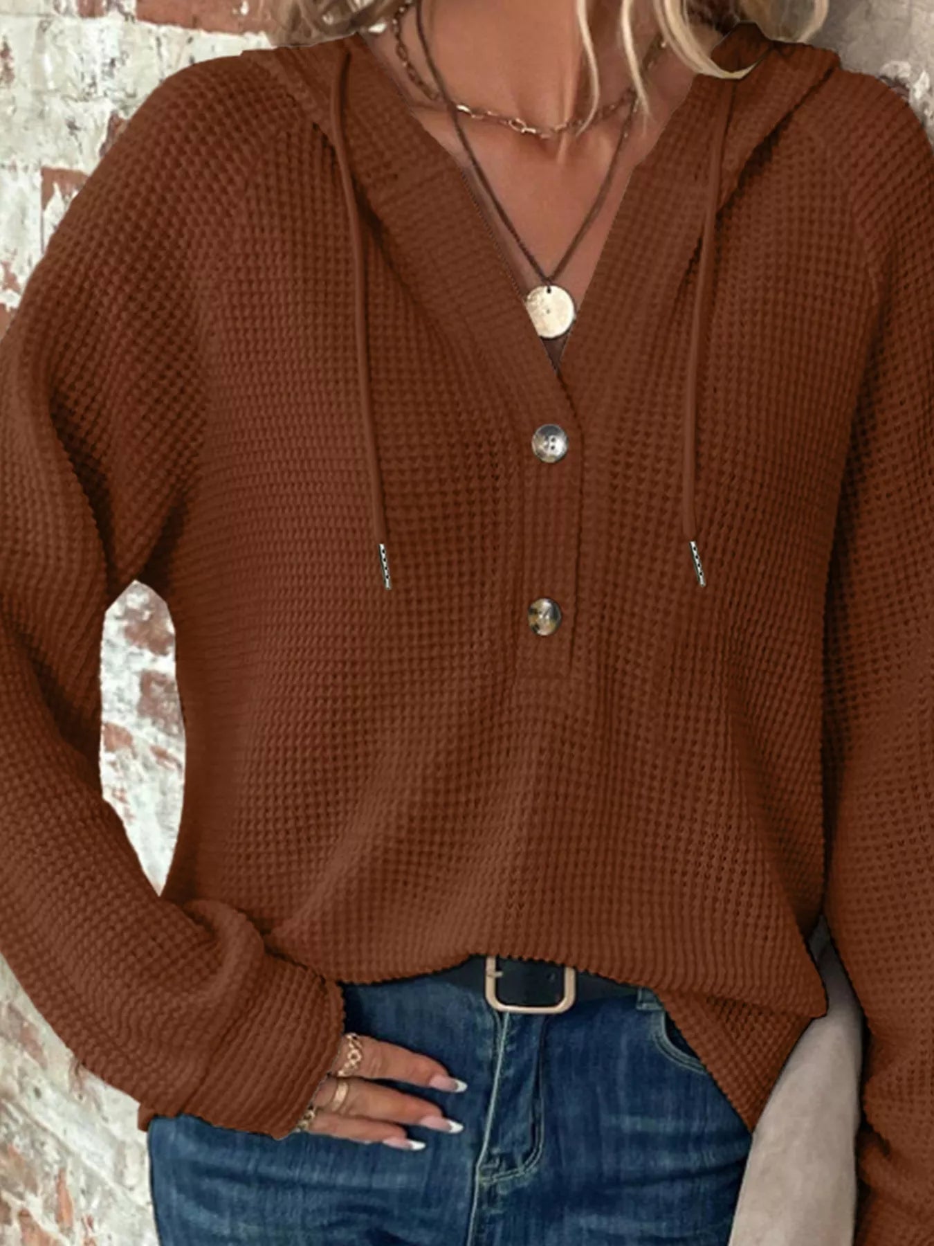 Casual Waffle Knit Button Detail Hoodie 