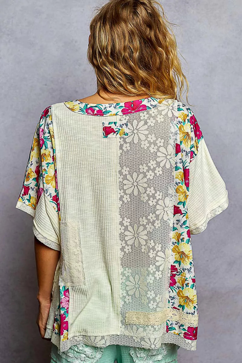POL Lace Round Neck Short Sleeve Floral Pattern Top with Patch Detail 