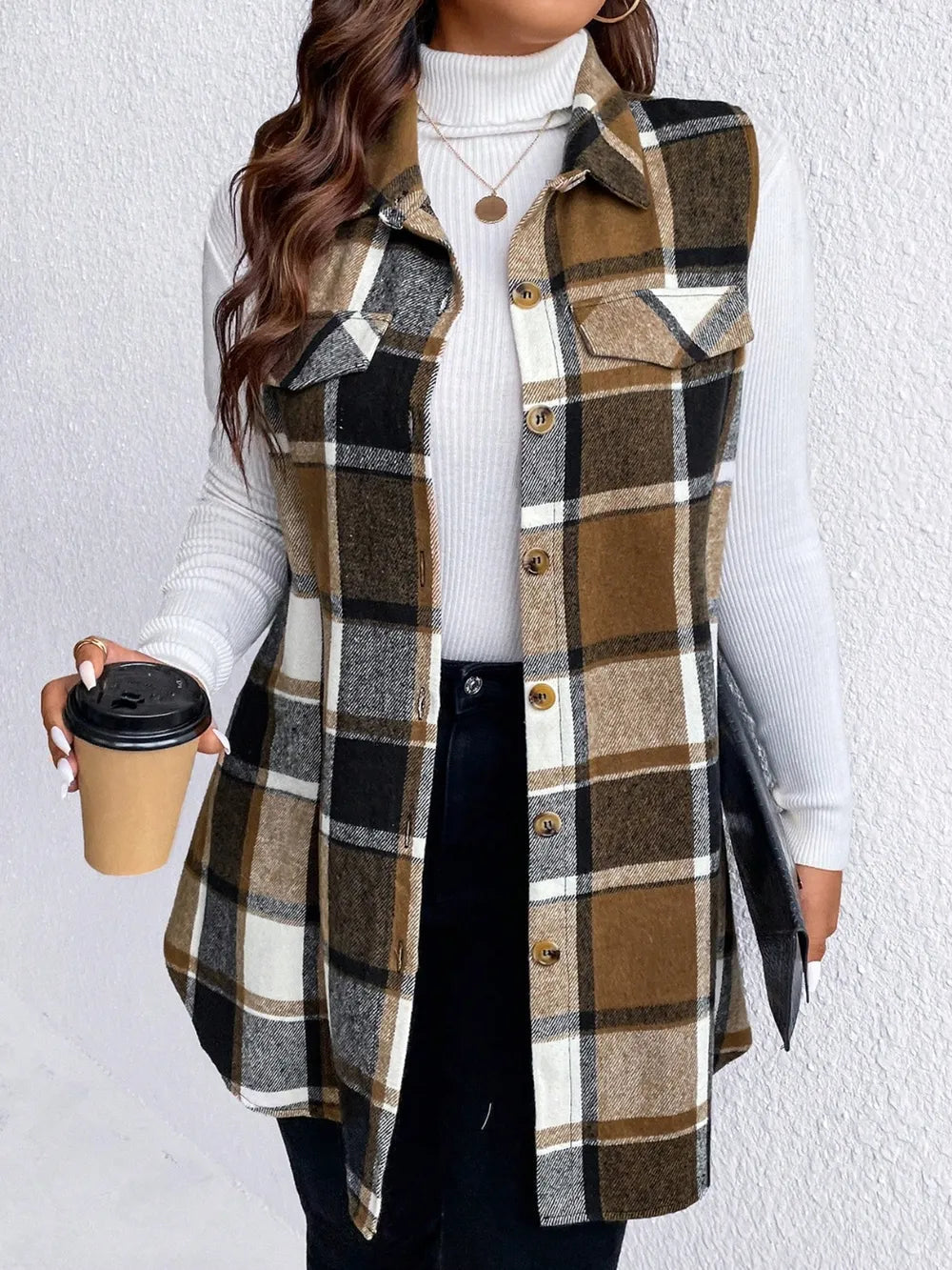Honey Plus Size Pocketed Plaid Button Up Vest Coat 