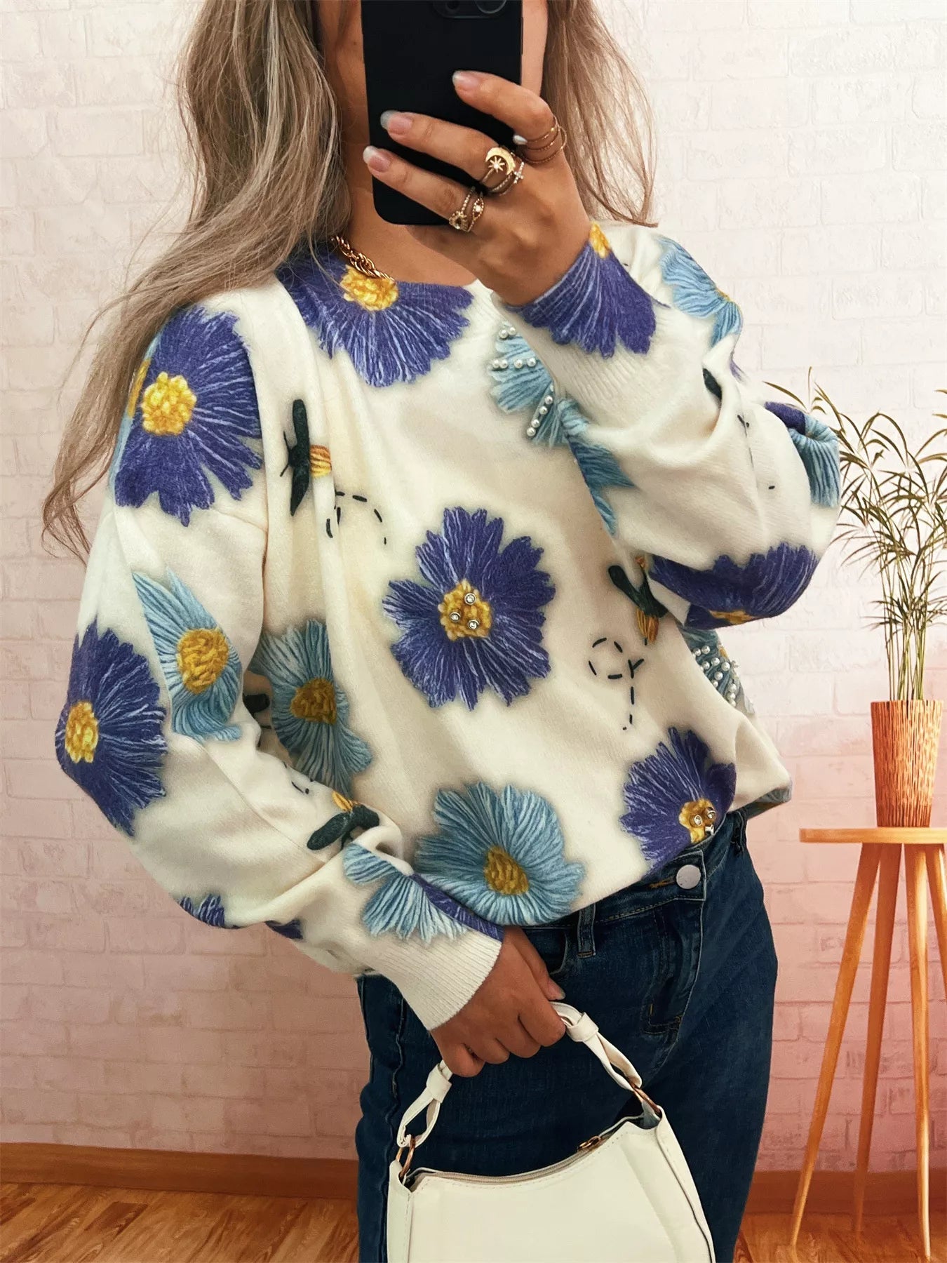 Pearl Detail Flower Round Neck Sweater 