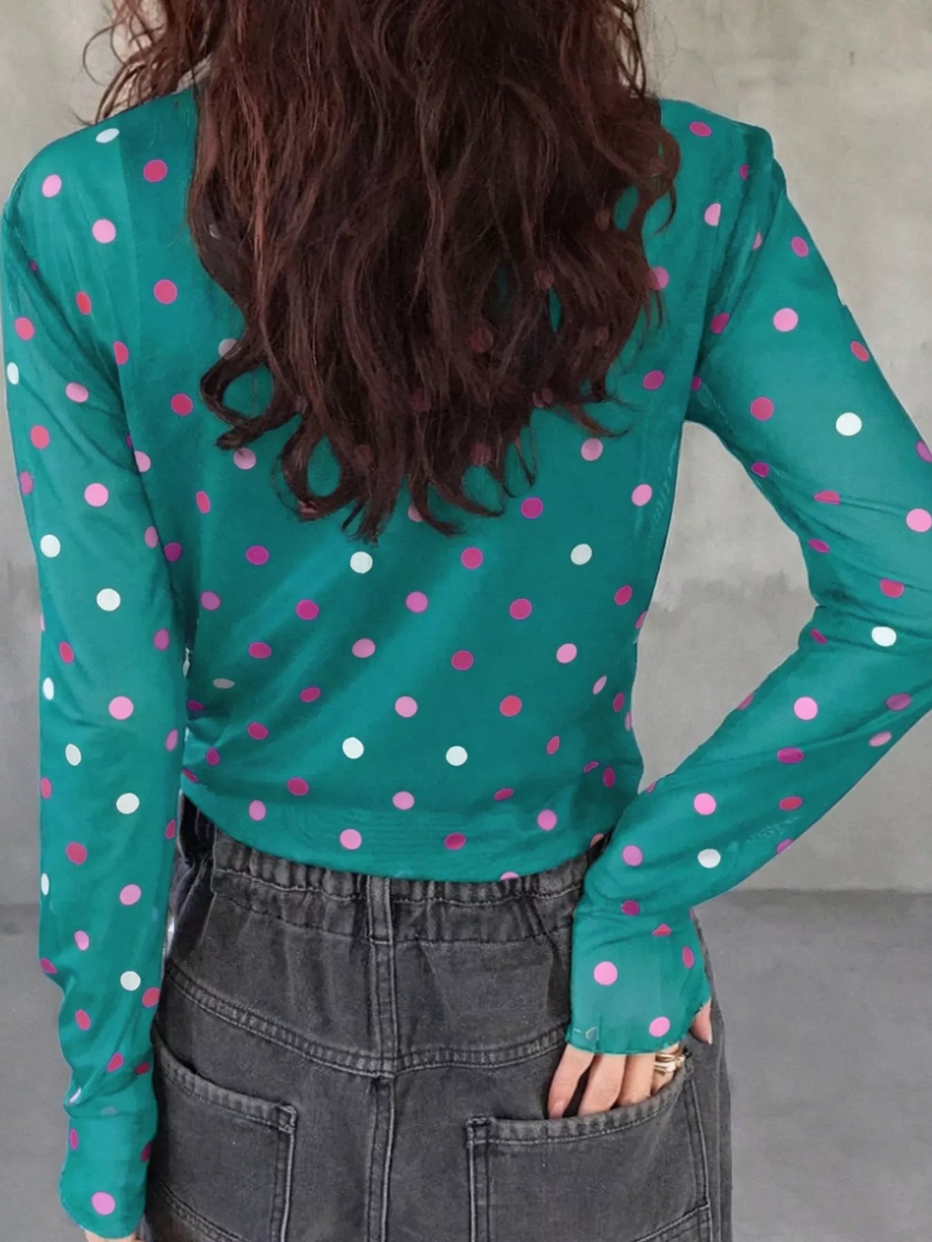 Polka Dot Patterned Bodycon Mock Neck Mesh Long Sleeve Top 