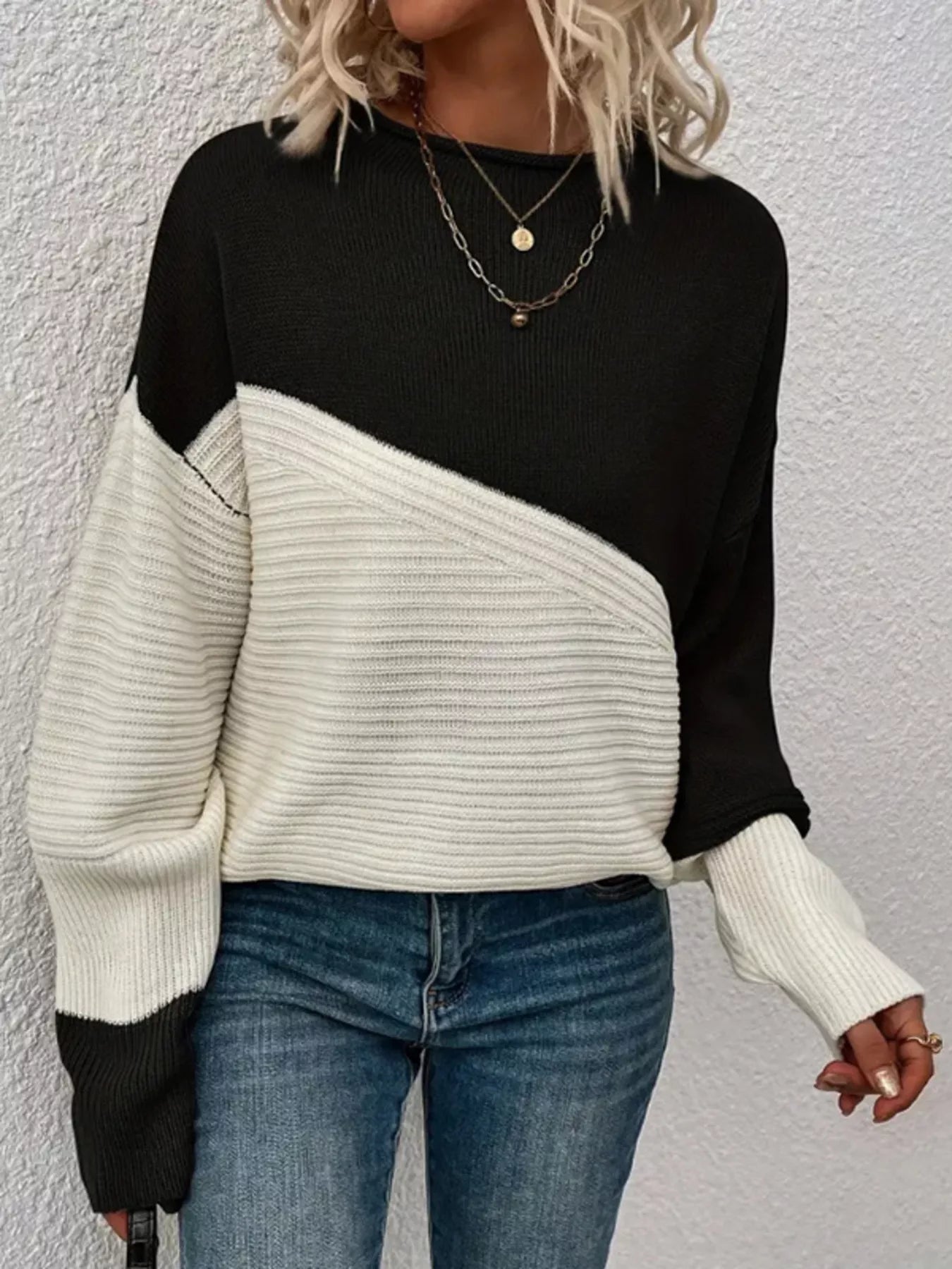 Color Block Ribbed Knit Sweater 