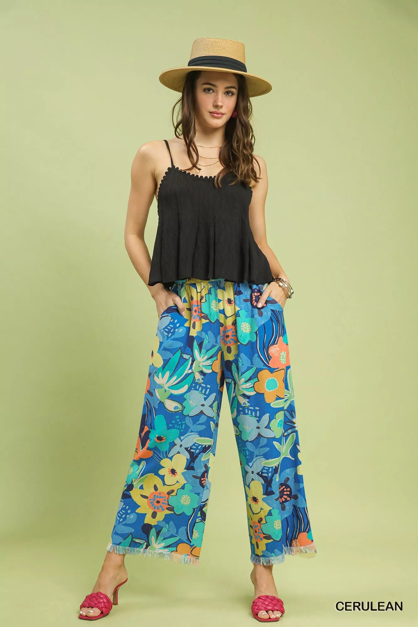 Umgee Floral Print Wide Leg Pants 