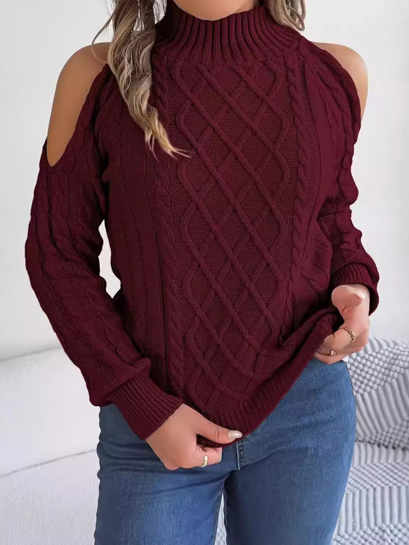 Cable Knit Cold Shoulder Turtleneck Sweater 