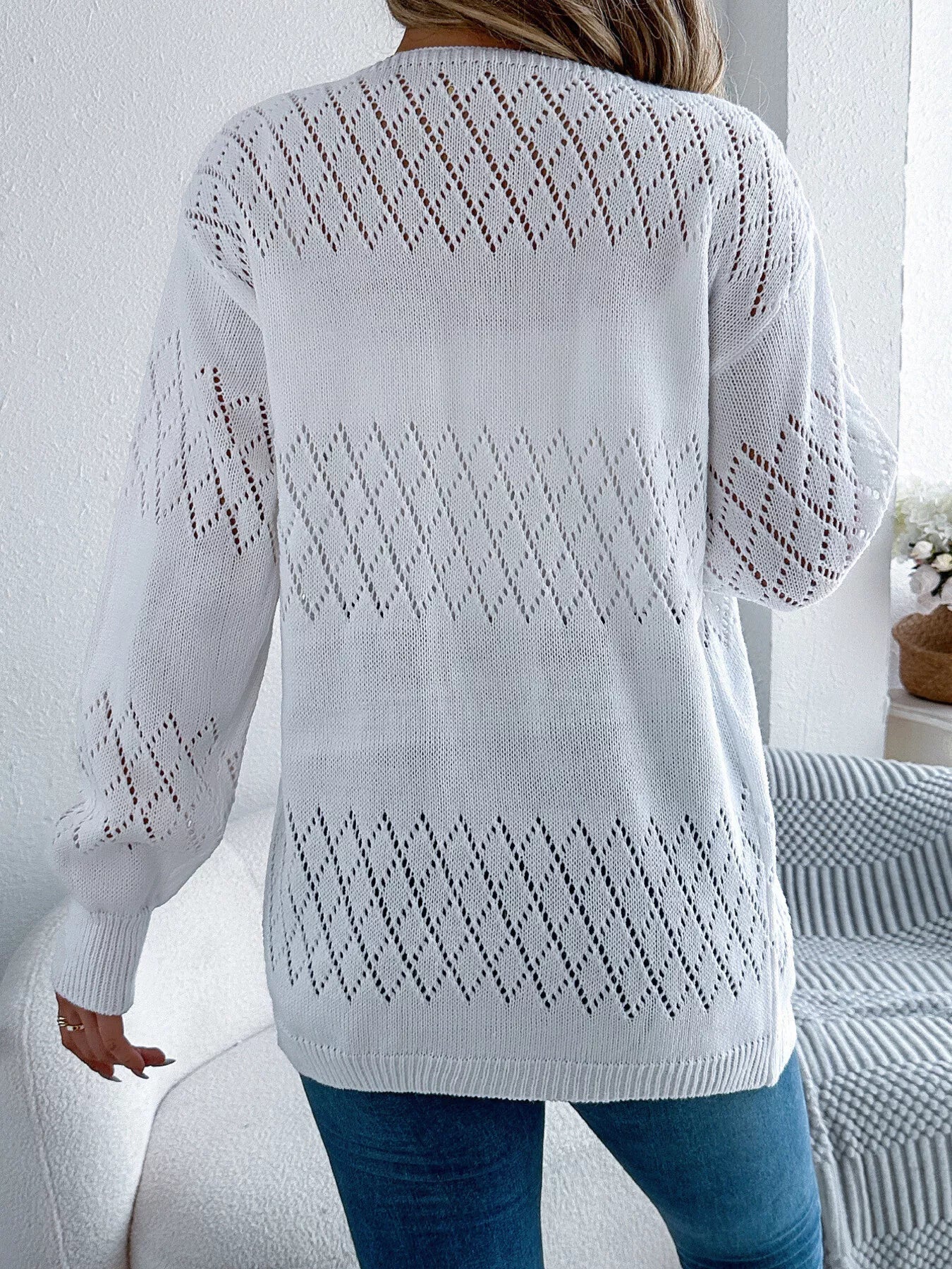 Openwork Open Front Long Sleeve Cardigan 