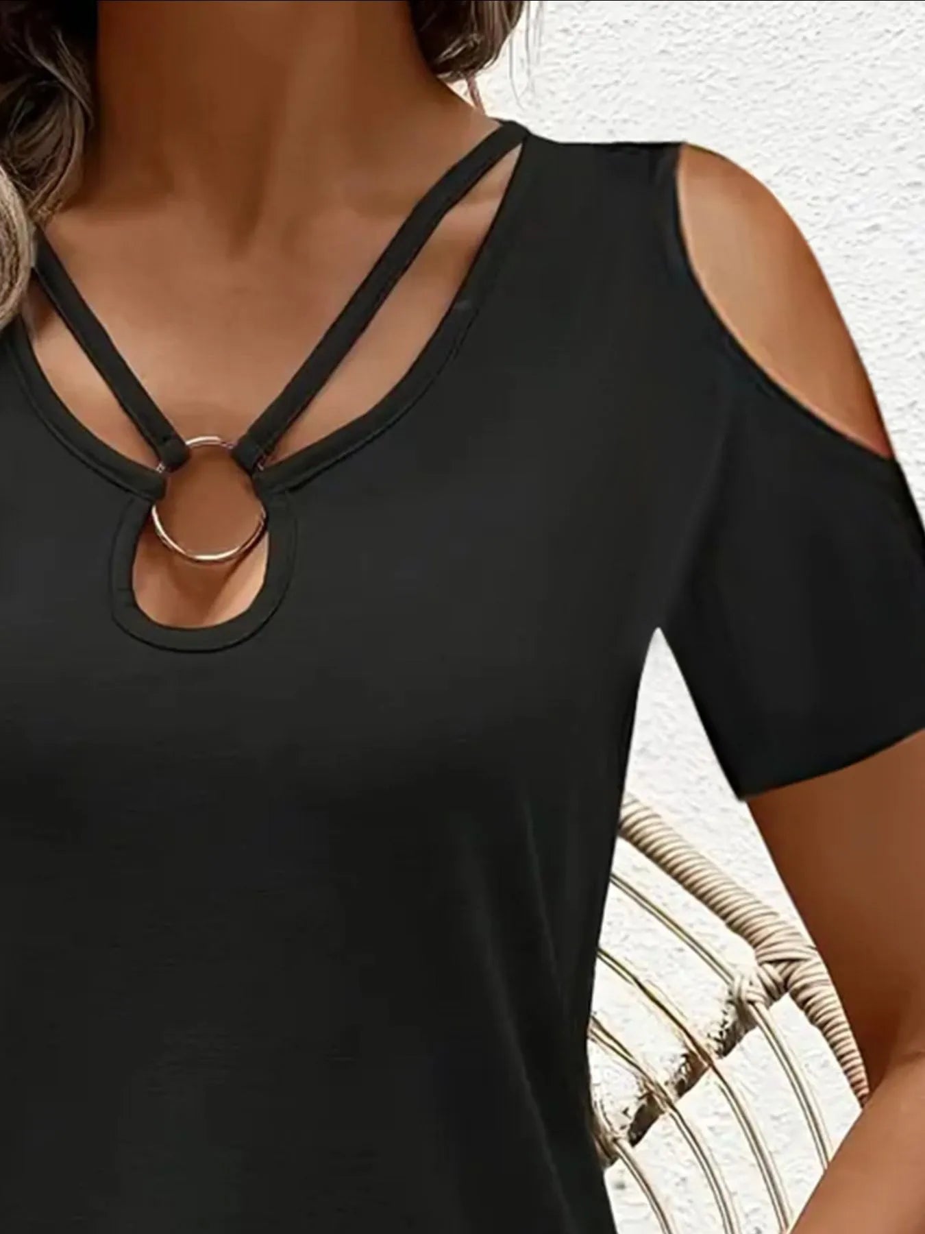 Cold Shoulder T-Shirt with Metal Ring Detail 