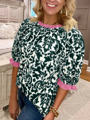 Damask Print Ruffled Color Block Detail Half Sleeve Blouse 
