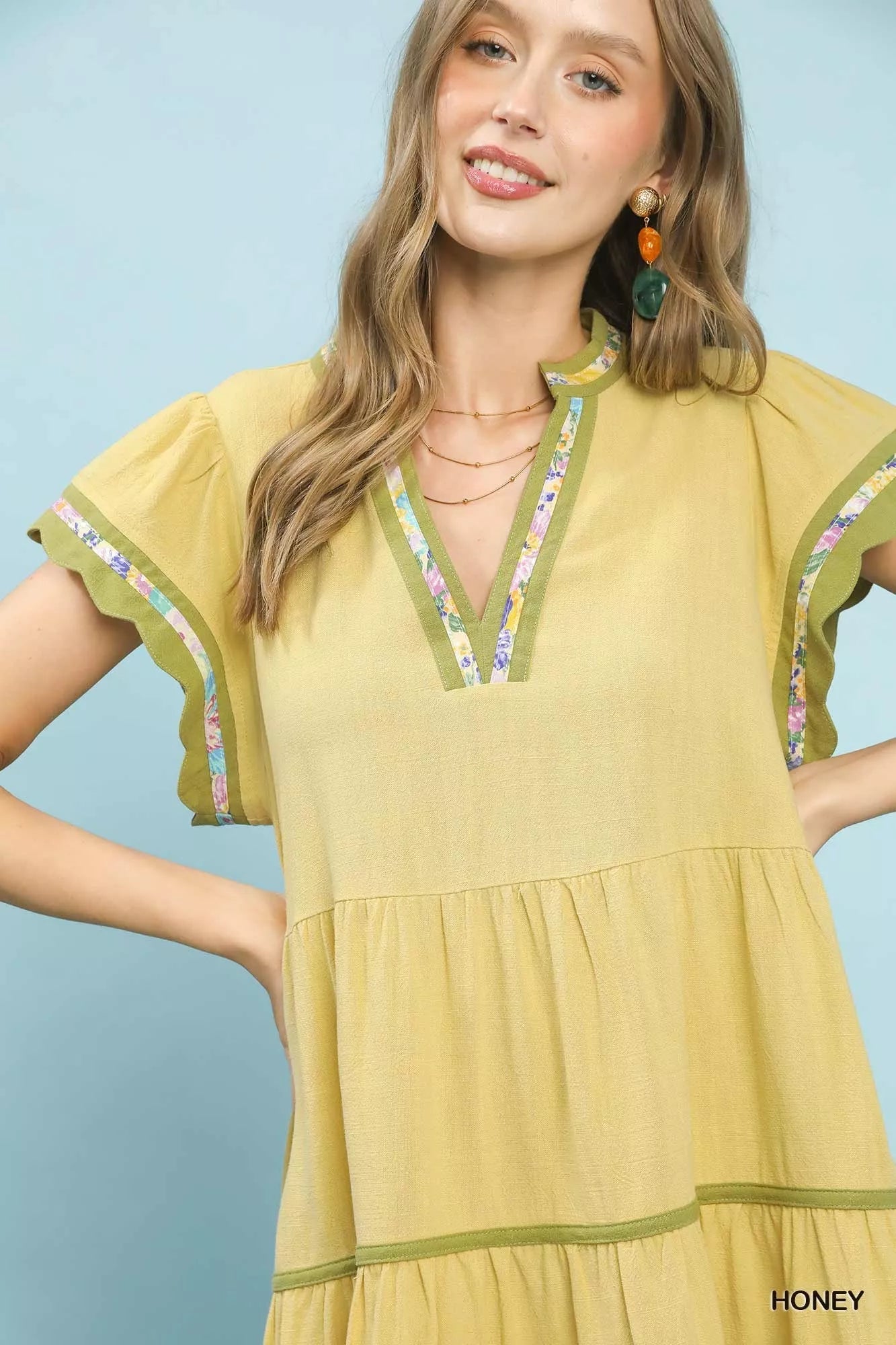 Umgee Linen Tiered Flutter Sleeve Dress with Floral Trim 