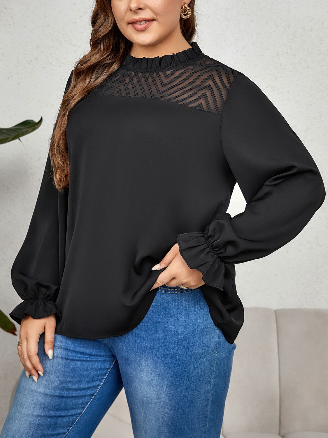 Honey Plus Size Round Neck Flounce Sleeve Blouse 