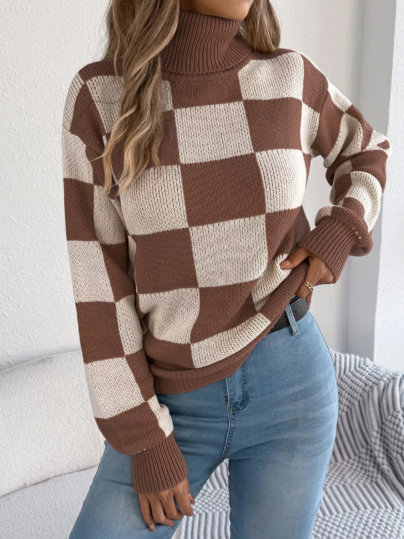 Checkered Turtleneck Long Sleeve Sweater 