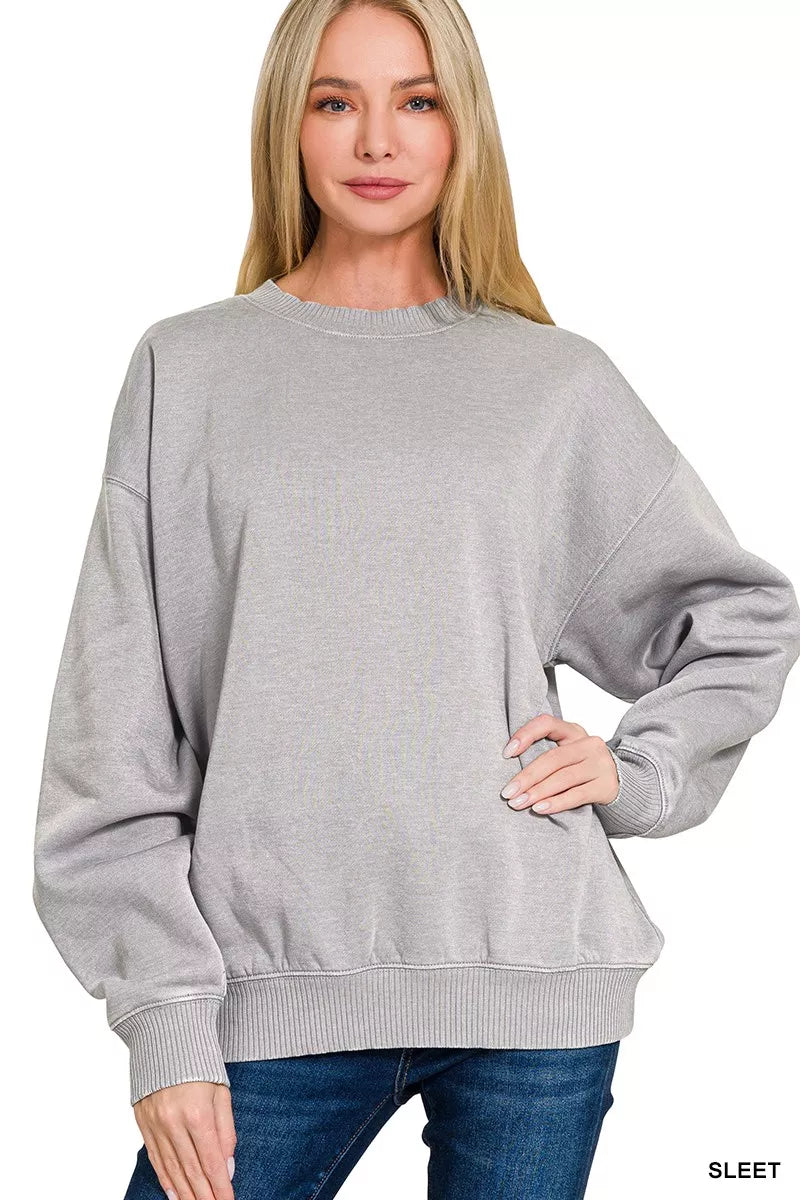 Zenana Fleece Acid Enzyme Washed Round Neck Sweatshirts 