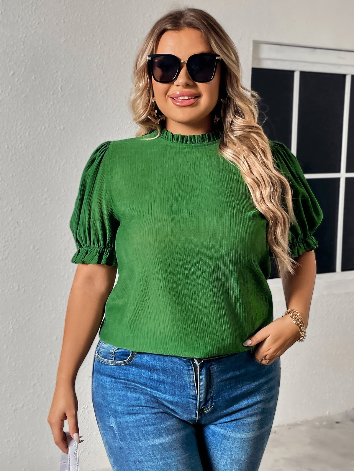 Honey Plus Size Round Neck Flounce Sleeve Blouse 